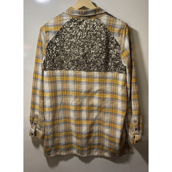 Free People Little Bit Of Sugar Sequin Button Up Flannel Shirt Yellow Plaid Sz L - Picture 5 of 10